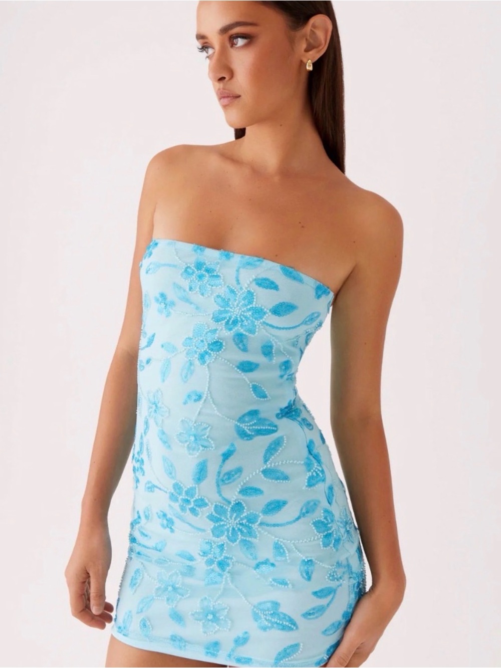 Peppermayo Light Blue Strapless Floral Sequin Mini Dress
